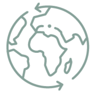 Line drawing of the Earth with arrows circling around it, representing global circulation or sustainability.